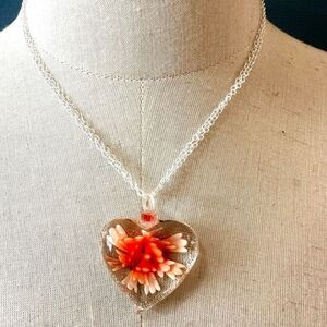 Orange and clear heart Murano glass pendant necklace